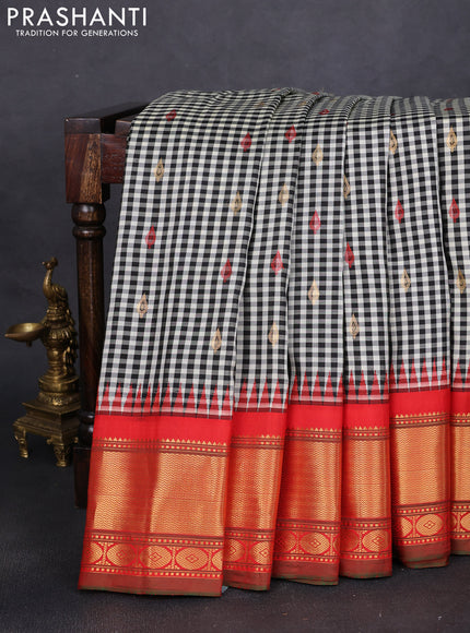Pure gadwal silk saree off white black and red with allover checks & zari buttas and temple design zari woven border