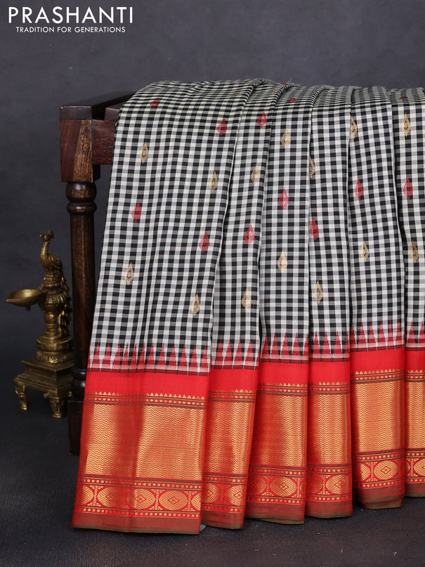 Pure gadwal silk saree off white black and red with allover checks & zari buttas and temple design zari woven border