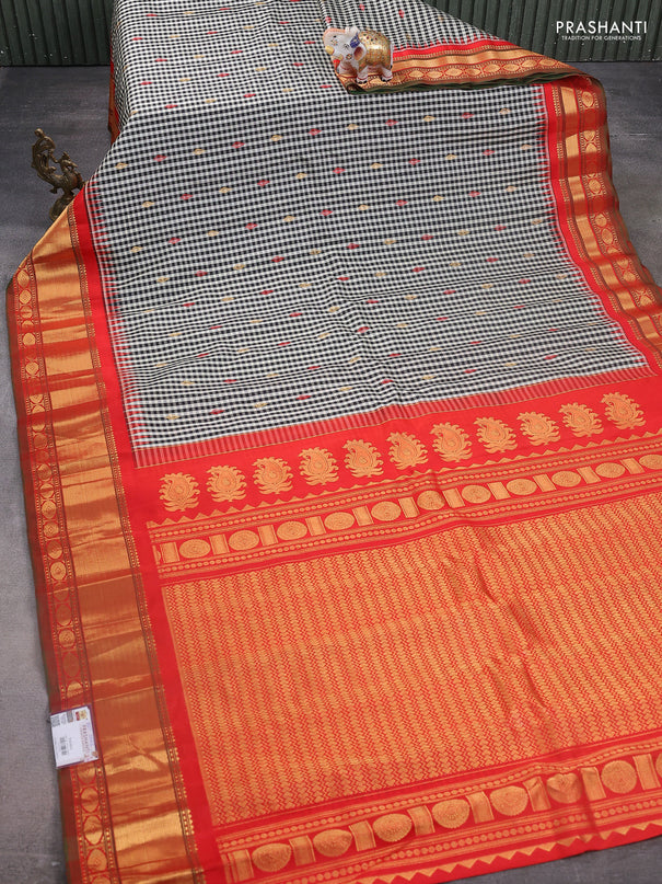 Pure gadwal silk saree off white black and red with allover checks & zari buttas and temple design zari woven border
