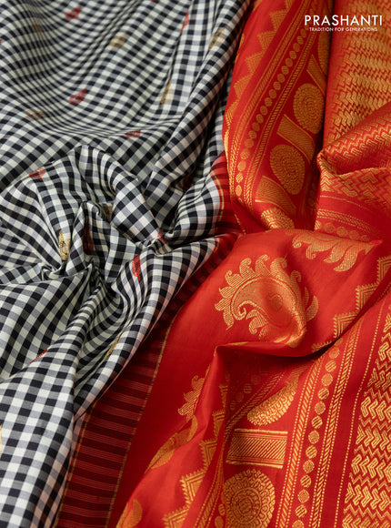 Pure gadwal silk saree off white black and red with allover checks & zari buttas and temple design zari woven border