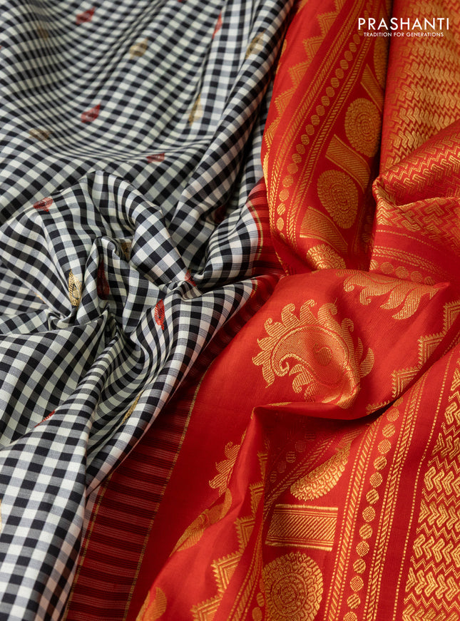 Pure gadwal silk saree off white black and red with allover checks & zari buttas and temple design zari woven border