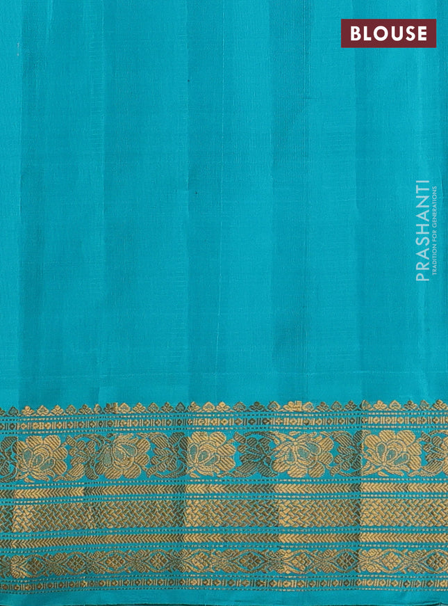 Pure gadwal silk saree cream and teal blue with allover small checks & zari buttas and temple design zari woven border