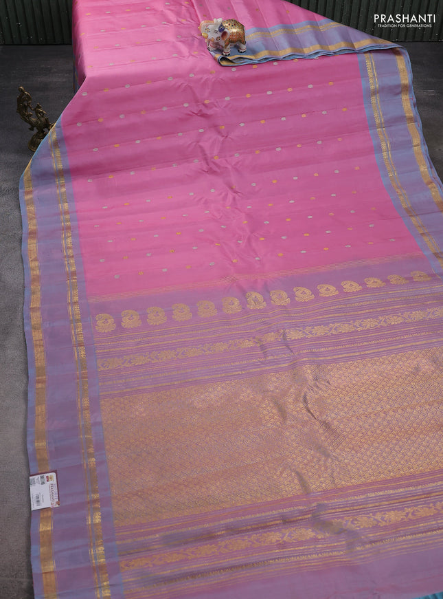 Pure gadwal silk saree light pink and lavender shade with silver & gold zari woven buttas and rettapet zari woven border