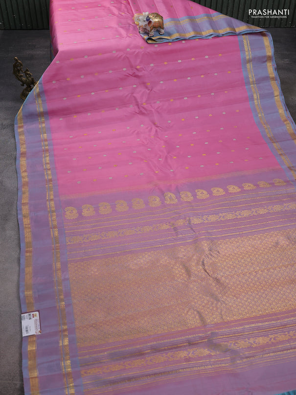 Pure gadwal silk saree light pink and lavender shade with silver & gold zari woven buttas and rettapet zari woven border