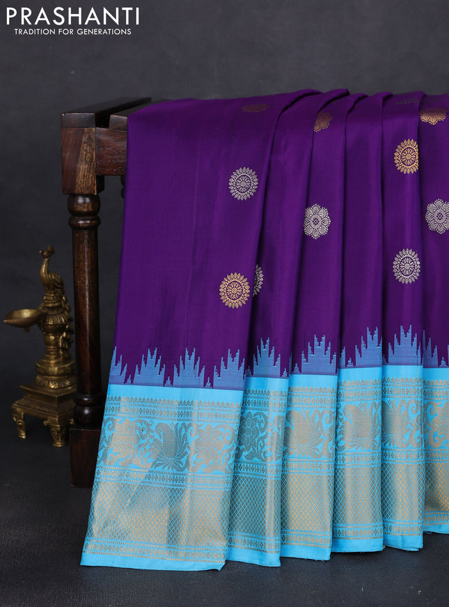 Pure gadwal silk saree violet and light blue with silver & gold zari woven buttas and temple design zari woven border