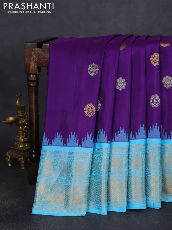 Pure gadwal silk saree violet and light blue with silver & gold zari woven buttas and temple design zari woven border