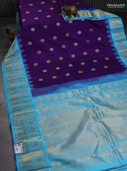 Pure gadwal silk saree violet and light blue with silver & gold zari woven buttas and temple design zari woven border