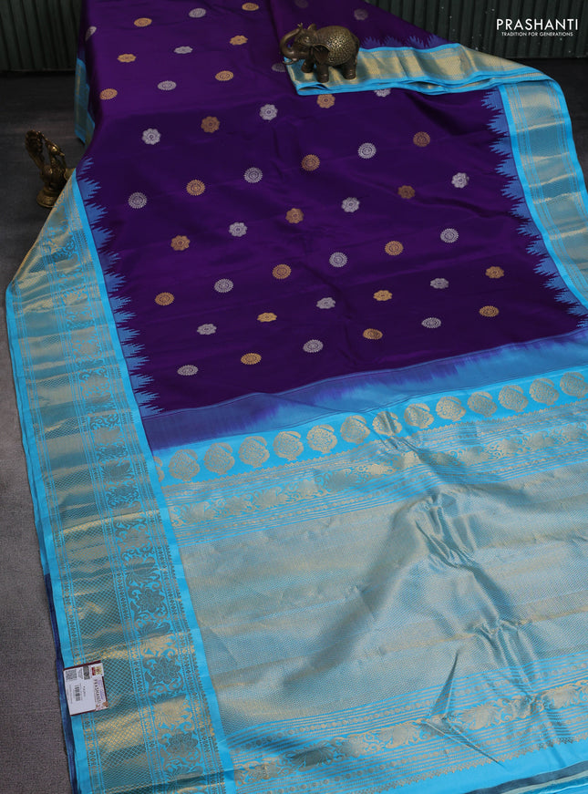 Pure gadwal silk saree violet and light blue with silver & gold zari woven buttas and temple design zari woven border