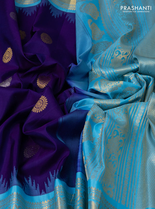 Pure gadwal silk saree violet and light blue with silver & gold zari woven buttas and temple design zari woven border
