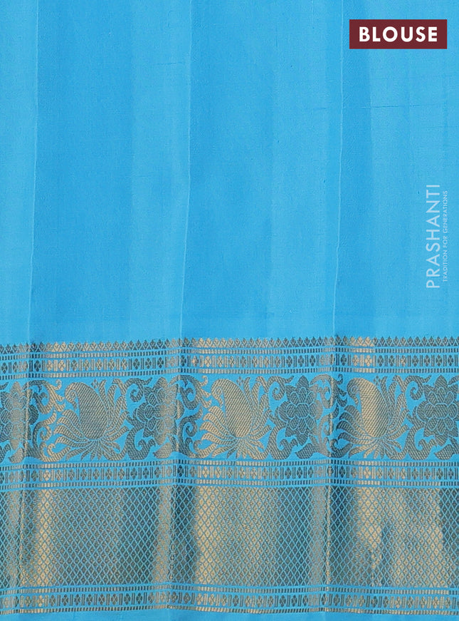 Pure gadwal silk saree violet and light blue with silver & gold zari woven buttas and temple design zari woven border