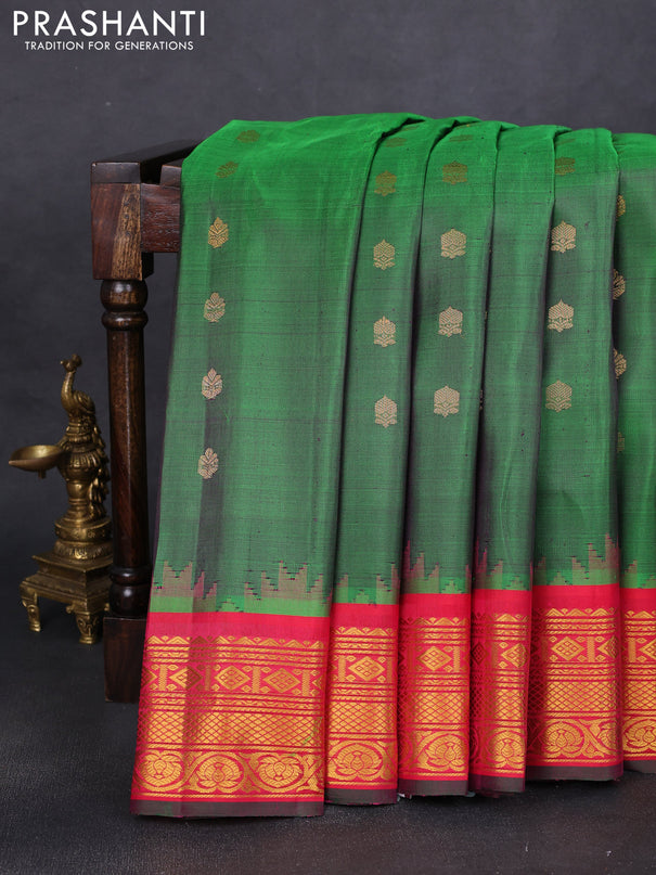 Pure gadwal silk saree green and pink with zari woven buttas and temple design zari woven border
