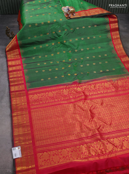 Pure gadwal silk saree green and pink with zari woven buttas and temple design zari woven border