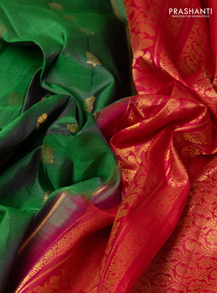 Pure gadwal silk saree green and pink with zari woven buttas and temple design zari woven border