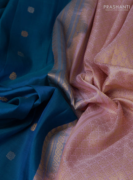 Pure gadwal silk saree dual shade of bluish green and light pink with silver & gold zari woven buttas and temple design zari woven border