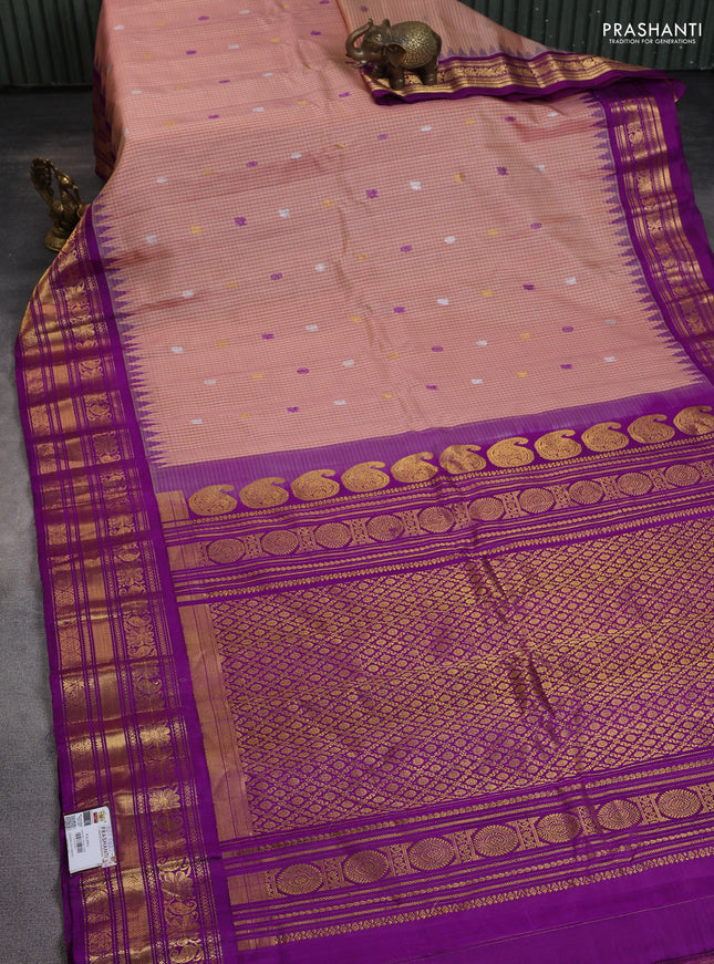 Pure gadwal silk saree peach orange and purple with allover checks & buttas and temple design zari woven border