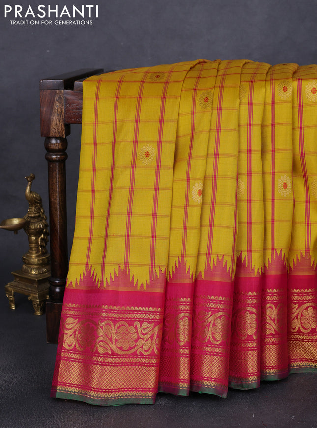 Pure gadwal silk saree yellow and pink with allover checks & buttas and temple design zari woven border