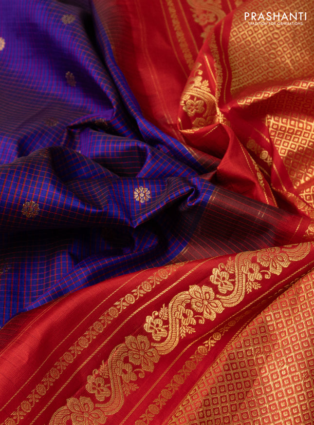 Pure gadwal silk saree blue and red with allover checks & buttas and temple design zari woven border