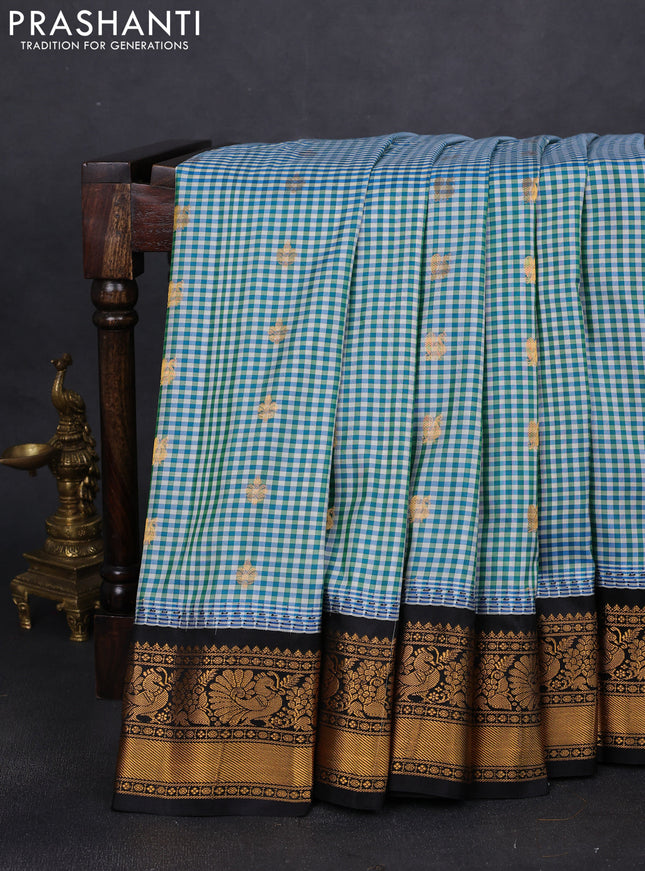 Pure gadwal silk saree multi colour and blue black with allover small checks & zari buttas and temple design zari woven border