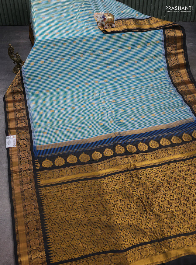 Pure gadwal silk saree multi colour and blue black with allover small checks & zari buttas and temple design zari woven border