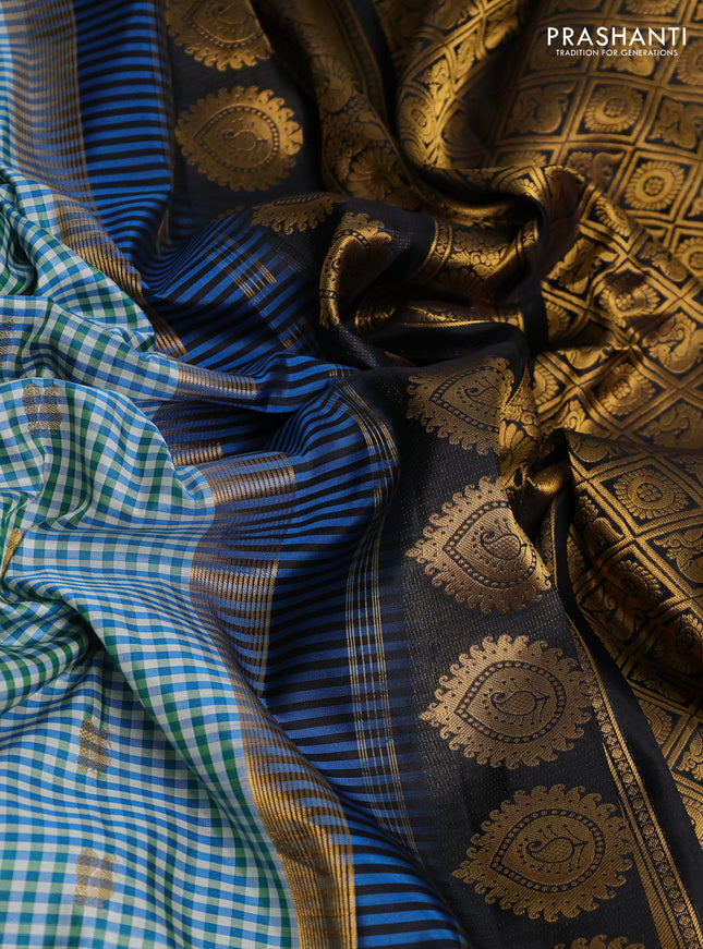 Pure gadwal silk saree multi colour and blue black with allover small checks & zari buttas and temple design zari woven border