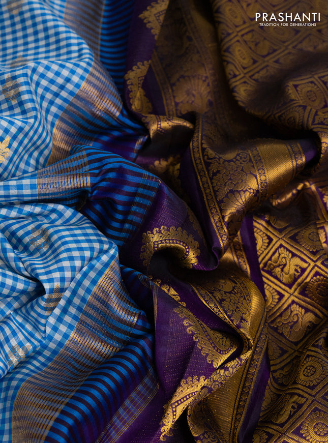 Pure gadwal silk saree off white blue and purple with allover small checks & zari buttas and temple design zari woven border