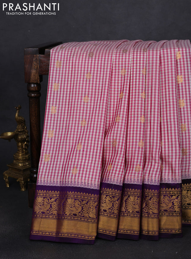 Pure gadwal silk saree off white pink and deep purple with allover small checks & zari buttas and temple design zari woven border
