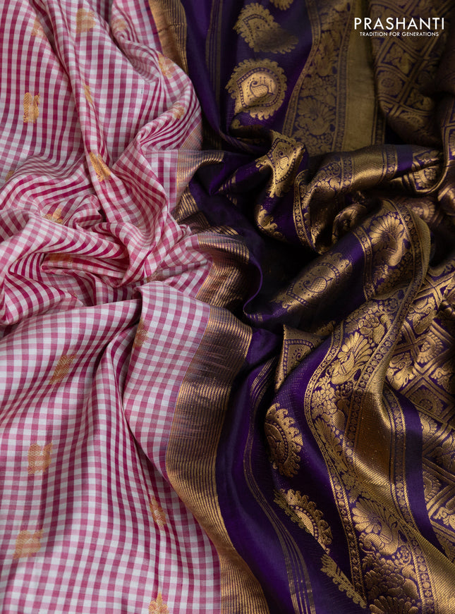 Pure gadwal silk saree off white pink and deep purple with allover small checks & zari buttas and temple design zari woven border