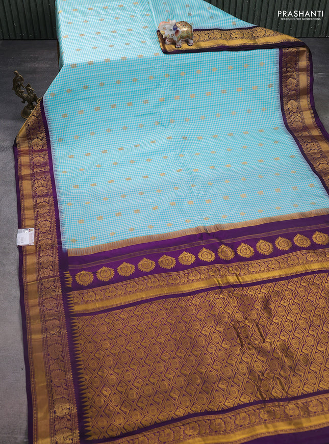 Pure gadwal silk saree off white teal blue and purple with allover small checks & zari buttas and temple design annam zari woven border