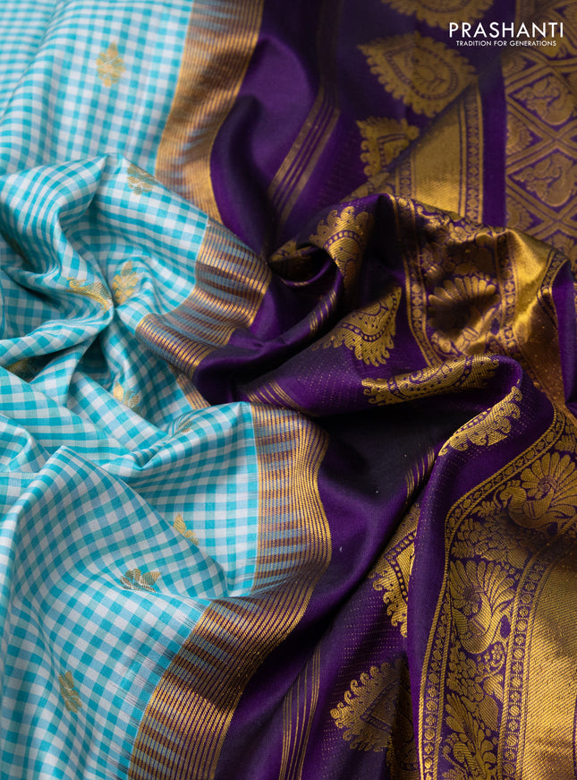 Pure gadwal silk saree off white teal blue and purple with allover small checks & zari buttas and temple design annam zari woven border