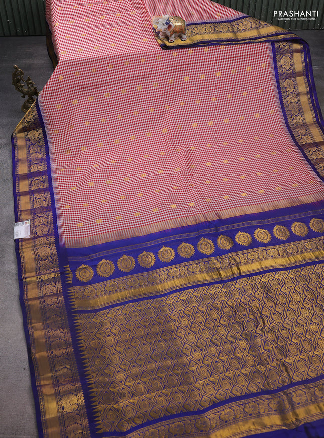 Pure gadwal silk saree off white maroon and blue with allover small checks & zari buttas and temple design floral zari woven border