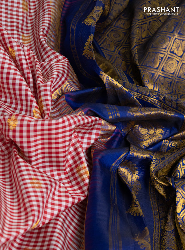 Pure gadwal silk saree off white maroon and blue with allover small checks & zari buttas and temple design floral zari woven border