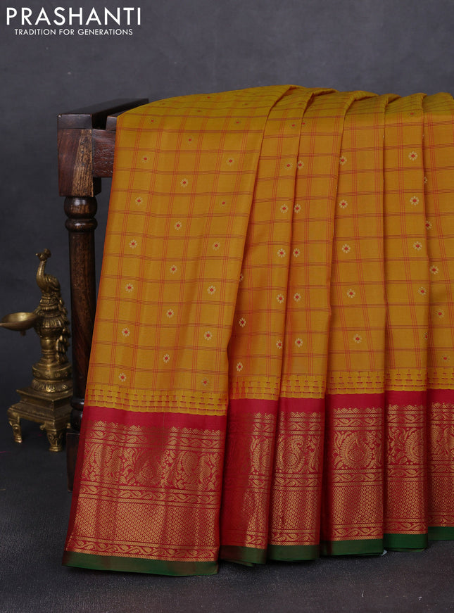 Pure gadwal silk saree mustard yellow and maroon with allover checks & zari buttas and temple design zari woven border