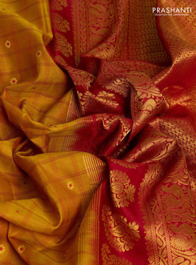 Pure gadwal silk saree mustard yellow and maroon with allover checks & zari buttas and temple design zari woven border