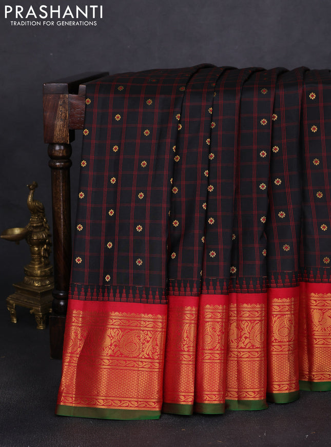 Pure gadwal silk saree black and red with allover checks & zari buttas and temple design zari woven border