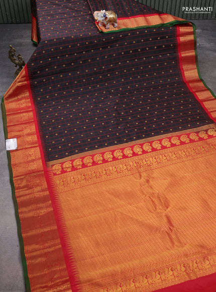 Pure gadwal silk saree black and red with allover checks & zari buttas and temple design zari woven border