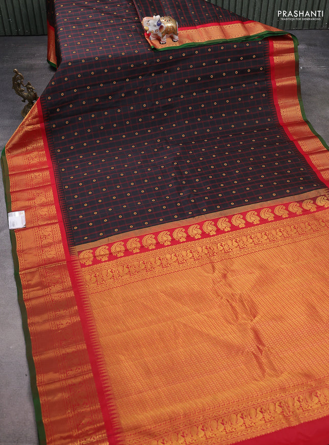 Pure gadwal silk saree black and red with allover checks & zari buttas and temple design zari woven border