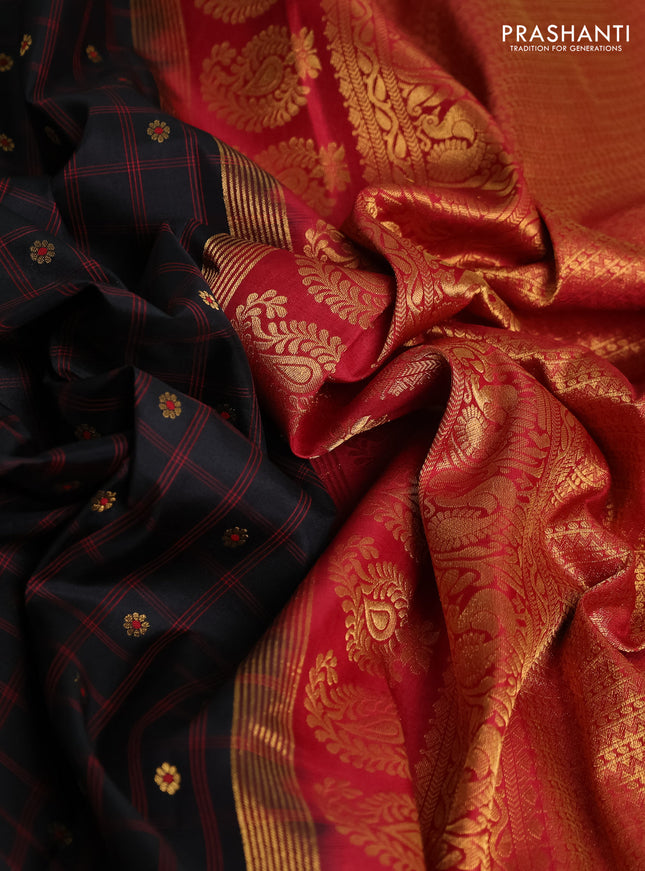 Pure gadwal silk saree black and red with allover checks & zari buttas and temple design zari woven border