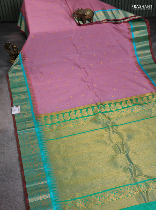 Pure gadwal silk saree mauve pink and teal green with allover small checks & zari buttas and temple design zari woven border