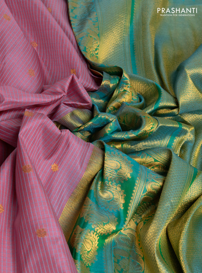 Pure gadwal silk saree mauve pink and teal green with allover small checks & zari buttas and temple design zari woven border