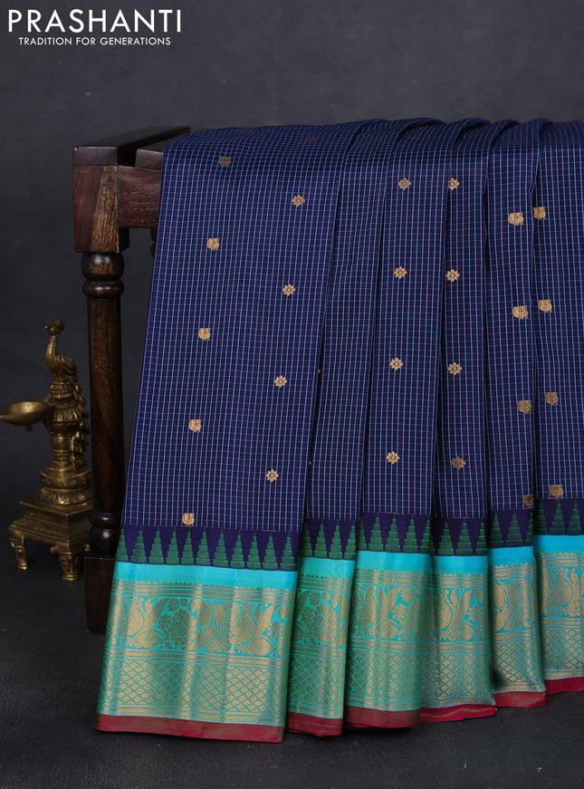 Pure gadwal silk saree navy blue and teal green with allover small checks & zari buttas and temple design zari woven border