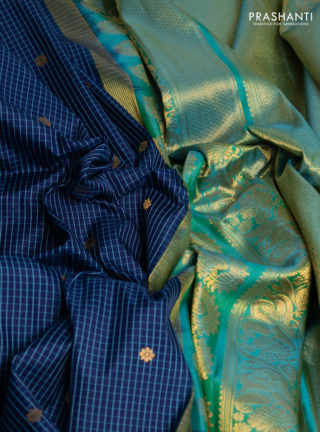 Pure gadwal silk saree navy blue and teal green with allover small checks & zari buttas and temple design zari woven border