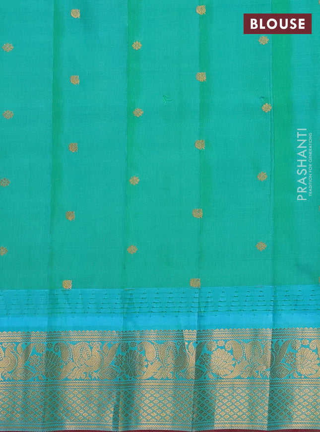 Pure gadwal silk saree navy blue and teal green with allover small checks & zari buttas and temple design zari woven border