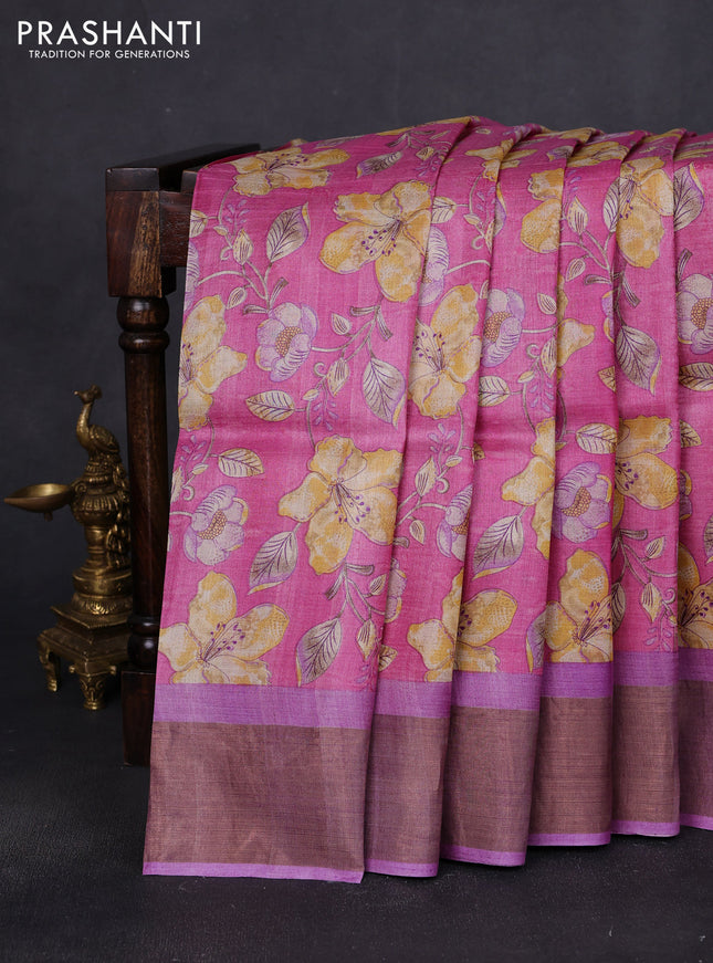 Pure tussar saree pink and lavender with allover floral prints and zari woven border