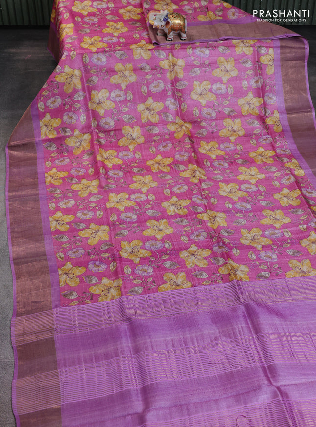 Pure tussar saree pink and lavender with allover floral prints and zari woven border