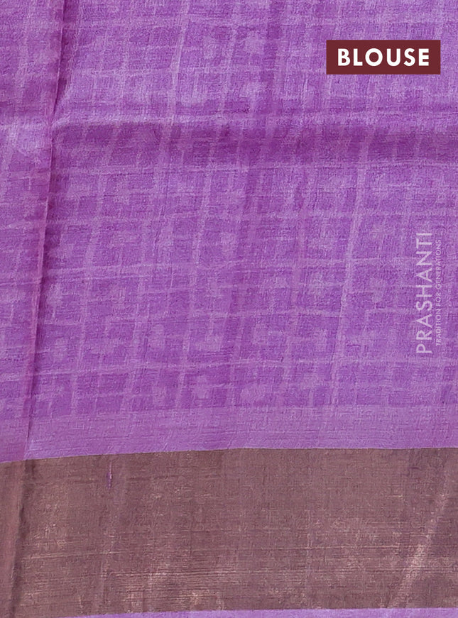 Pure tussar saree pink and lavender with allover floral prints and zari woven border