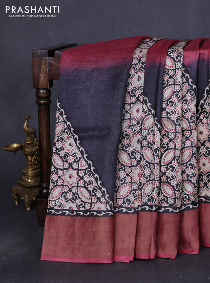 Pure tussar saree beige and maroon with allover ajrakh prints and zari woven border