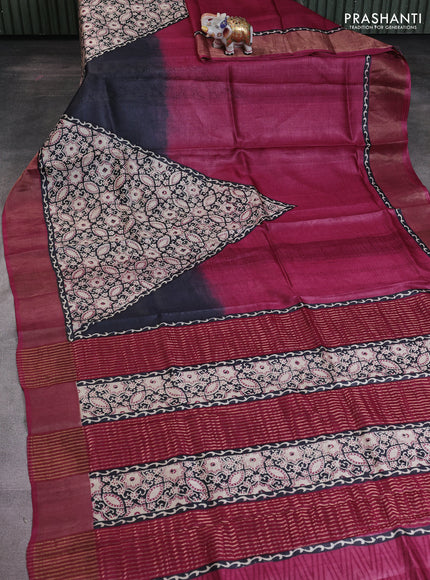 Pure tussar saree beige and maroon with allover ajrakh prints and zari woven border
