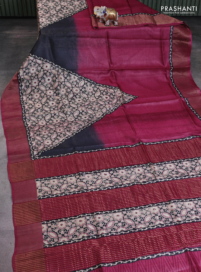 Pure tussar saree beige and maroon with allover ajrakh prints and zari woven border