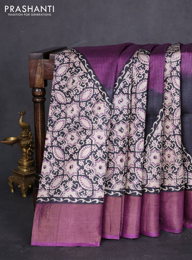 Pure tussar saree purple with allover ajrakh prints and zari woven border