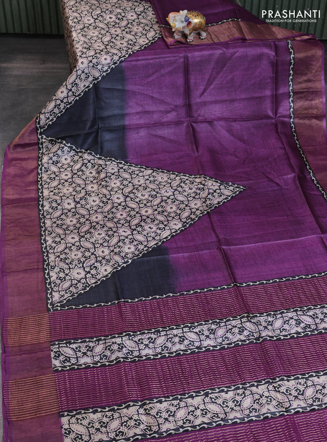 Pure tussar saree purple with allover ajrakh prints and zari woven border